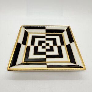 Jonathan Adler Op Art Square Tray Trinket Dish Ceramic Black White Gold 4.5” Sq